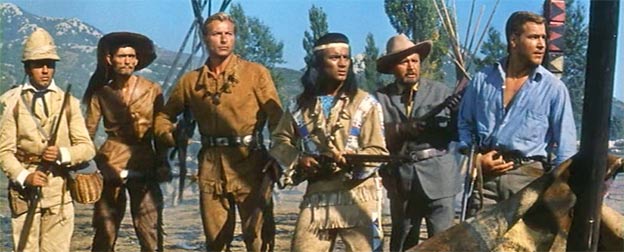 Angriff der Utahs! Von links: Castlepool, Gunstick-Uncle, Old Shatterhand, Winnetou, Patterson, Fred Engel